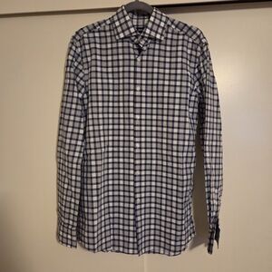 Hugo Boss Men's Blue, Gray and White Plaid Shirt